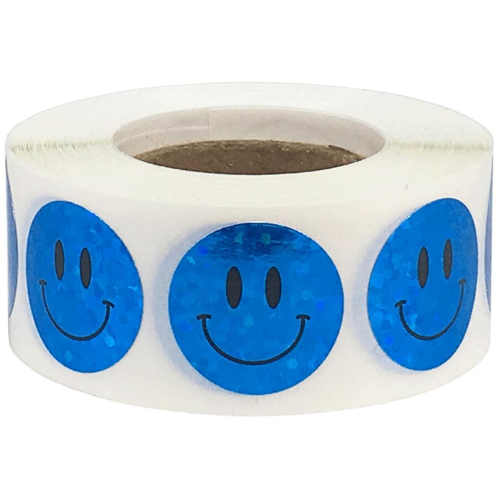 Blue Sparkle Smiley Face Stickers 3 4 InStockLabels