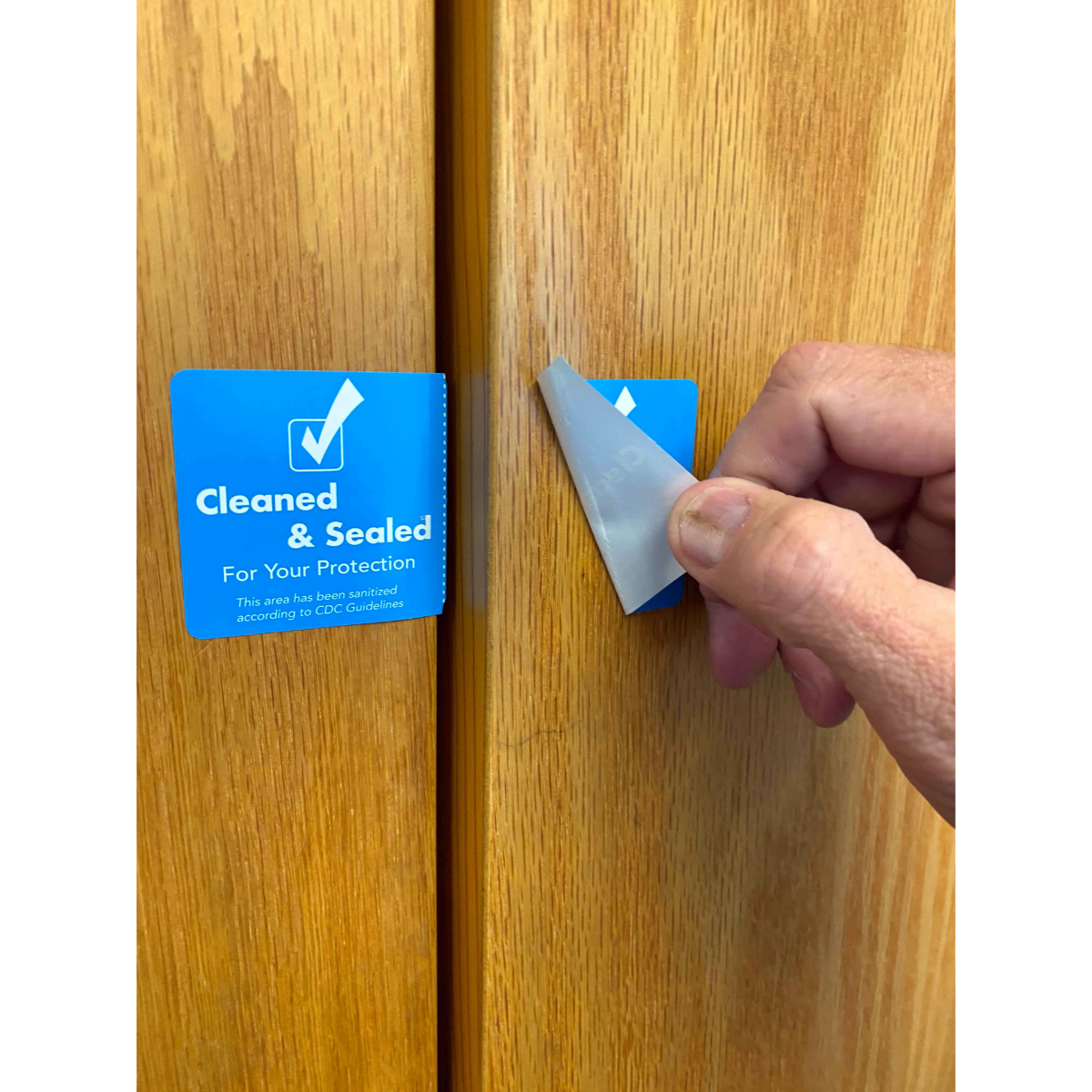 Cleaned and Sealed Blue Tamper Door Safety Seals | 2″ x 4″