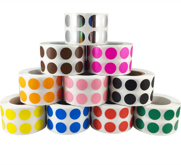 sticker bulk pack of colored dot labels in many colors.