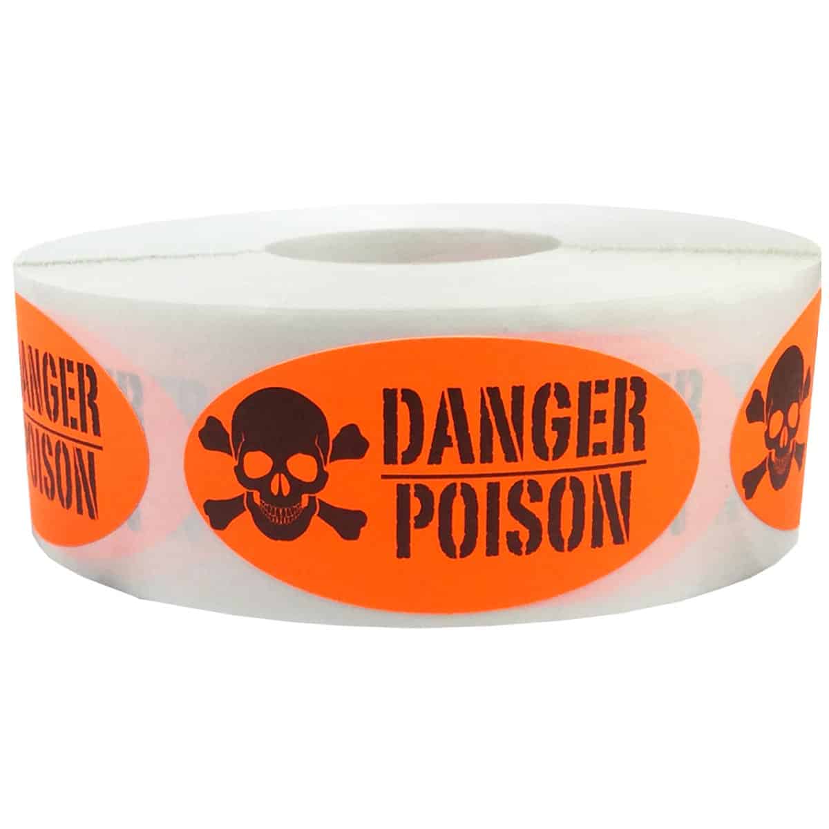 Oval Fluorescent Red Danger Poison Control Stickers 1" x 2"