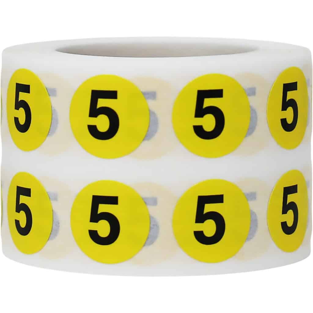 Number 5 Labels | Yellow and Black Small 1/2″ Round | InStockLabels.com