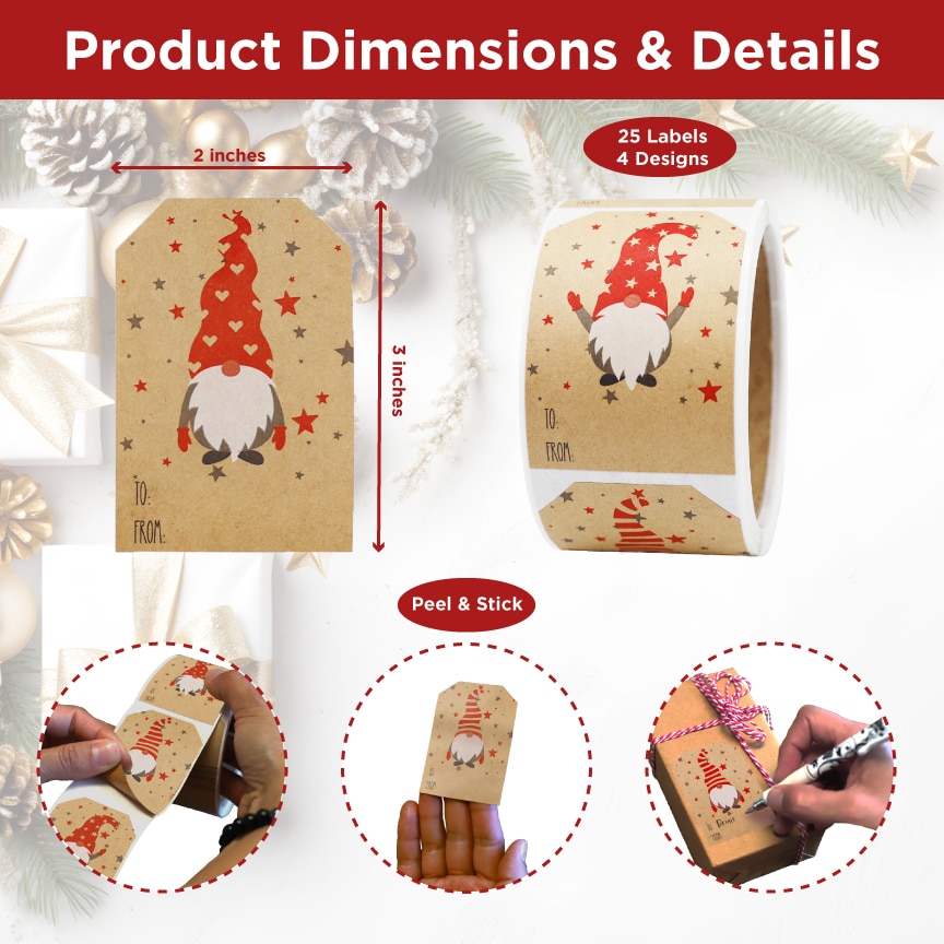 Gnome Kraft Christmas Gift Tag Stickers 25 Qty