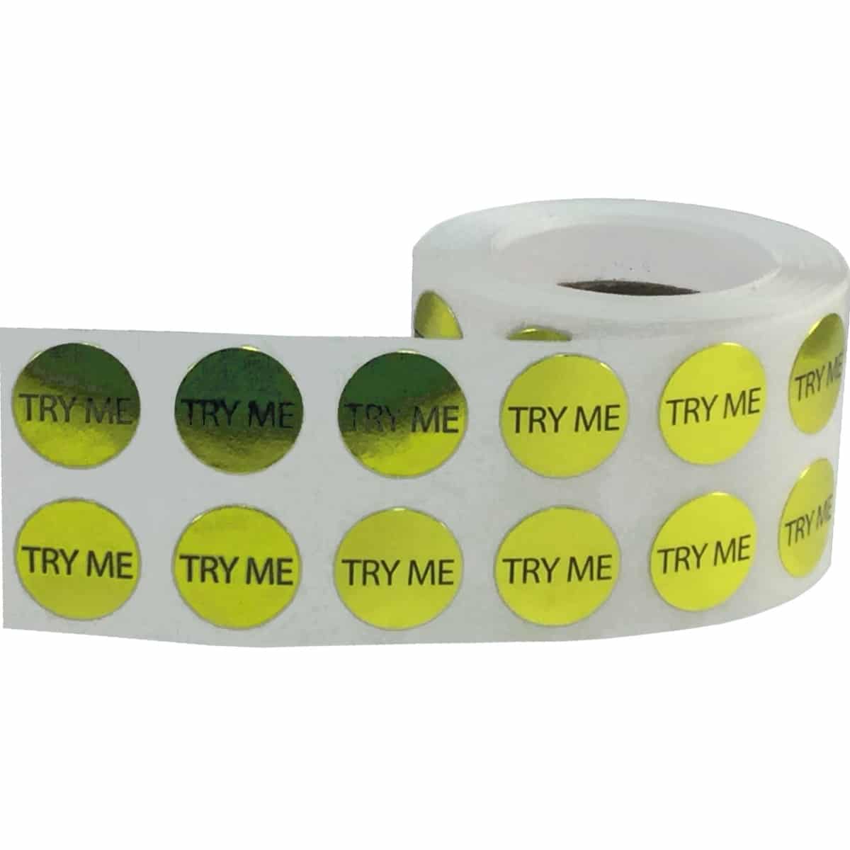 Small Gold Metallic Plastic Try Me Stickers 1/2" Round