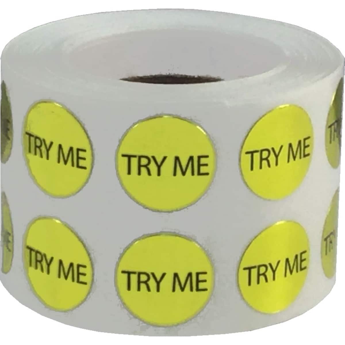 Small Gold Metallic Plastic Try Me Stickers 1/2" Round