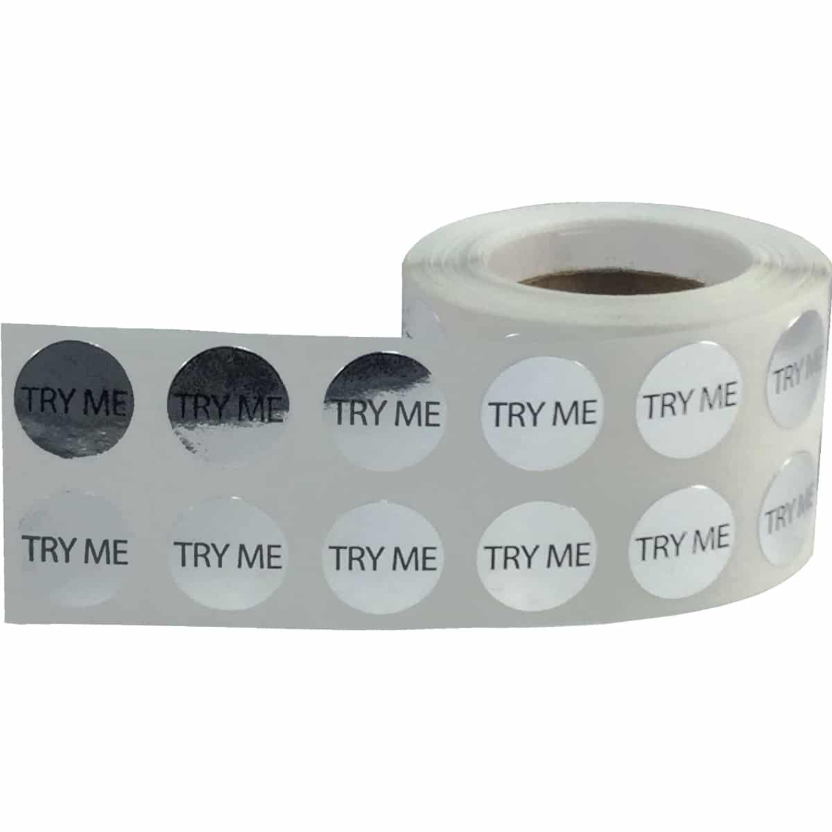 Small Silver Metallic Plastic Try Me Stickers 1/2" Round