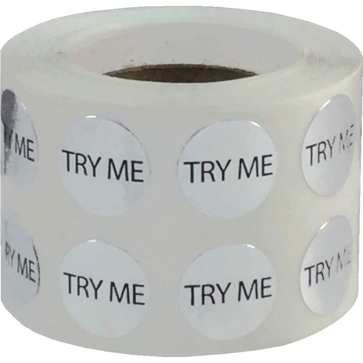 Small Silver Metallic Plastic Try Me Stickers 1/2" Round