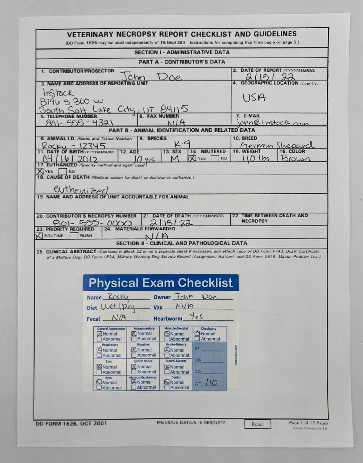 Vet Stickers Pet Physical Exam Checklist